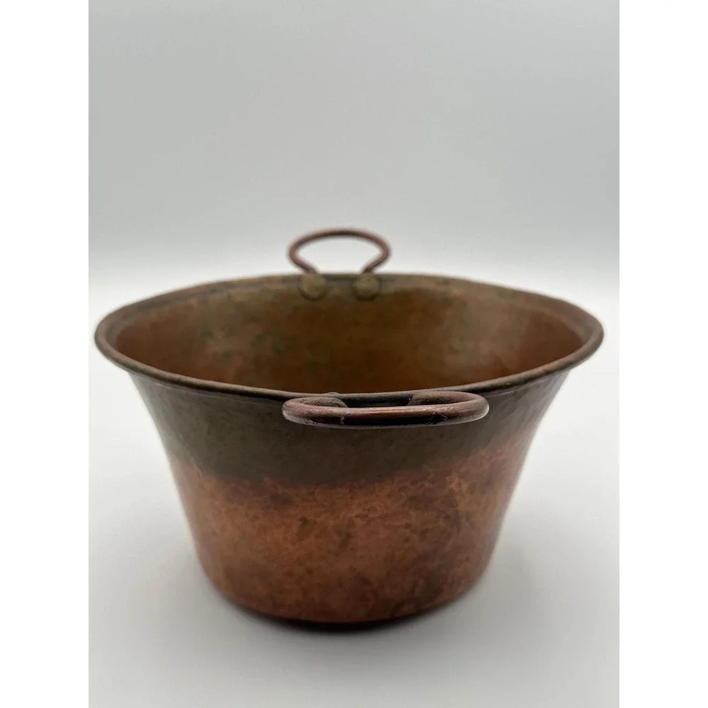 Antique Copper Kettle Pot Cauldron with Iron Handles - Vintage Kitchen Cookware